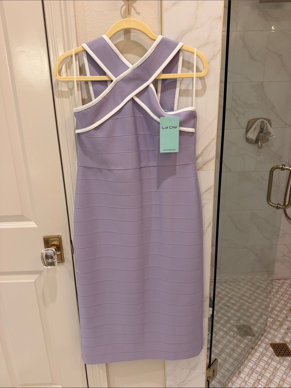 Le Cite Lavender Midi Sheath Dress with White Trim